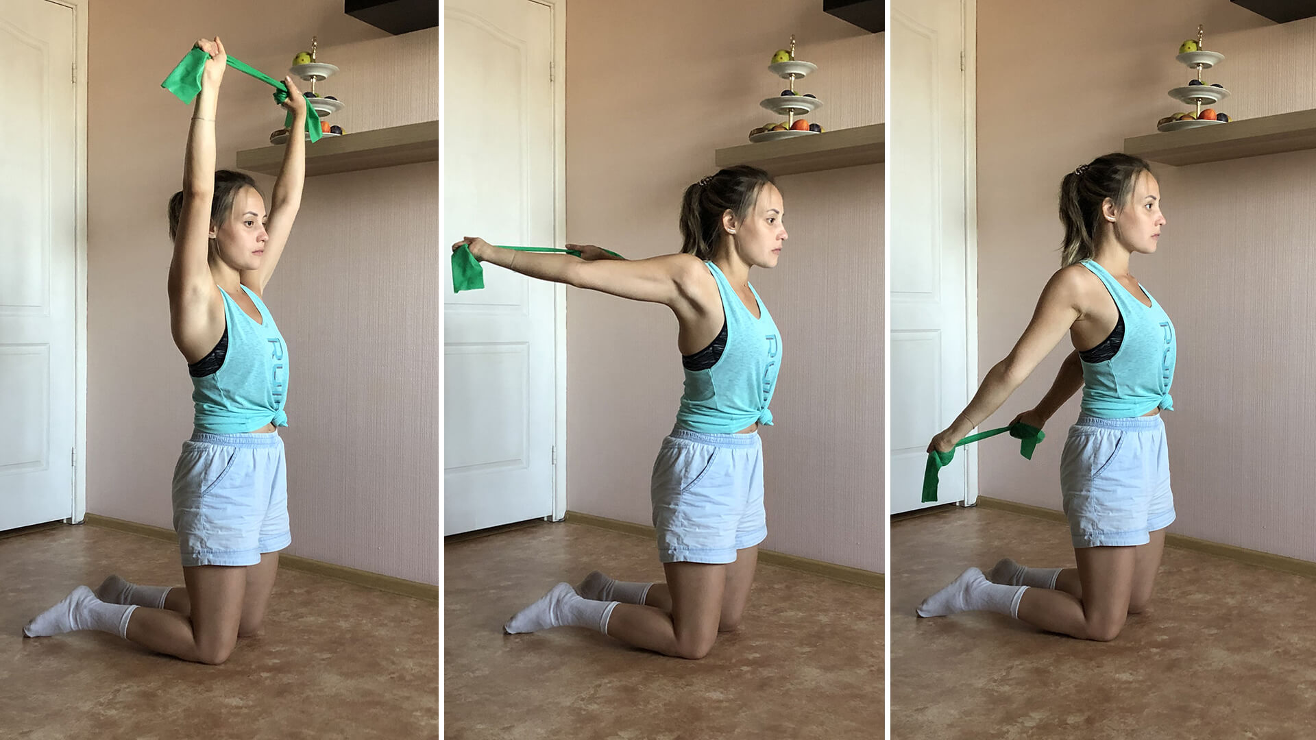 Stretching the shoulder girdle with elastic: photo.